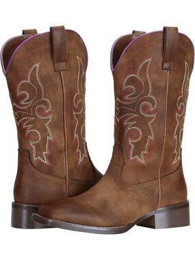 Women's Cowgirl Boot Western Square Toe Brown Ankle Embroidered Calf High Boots